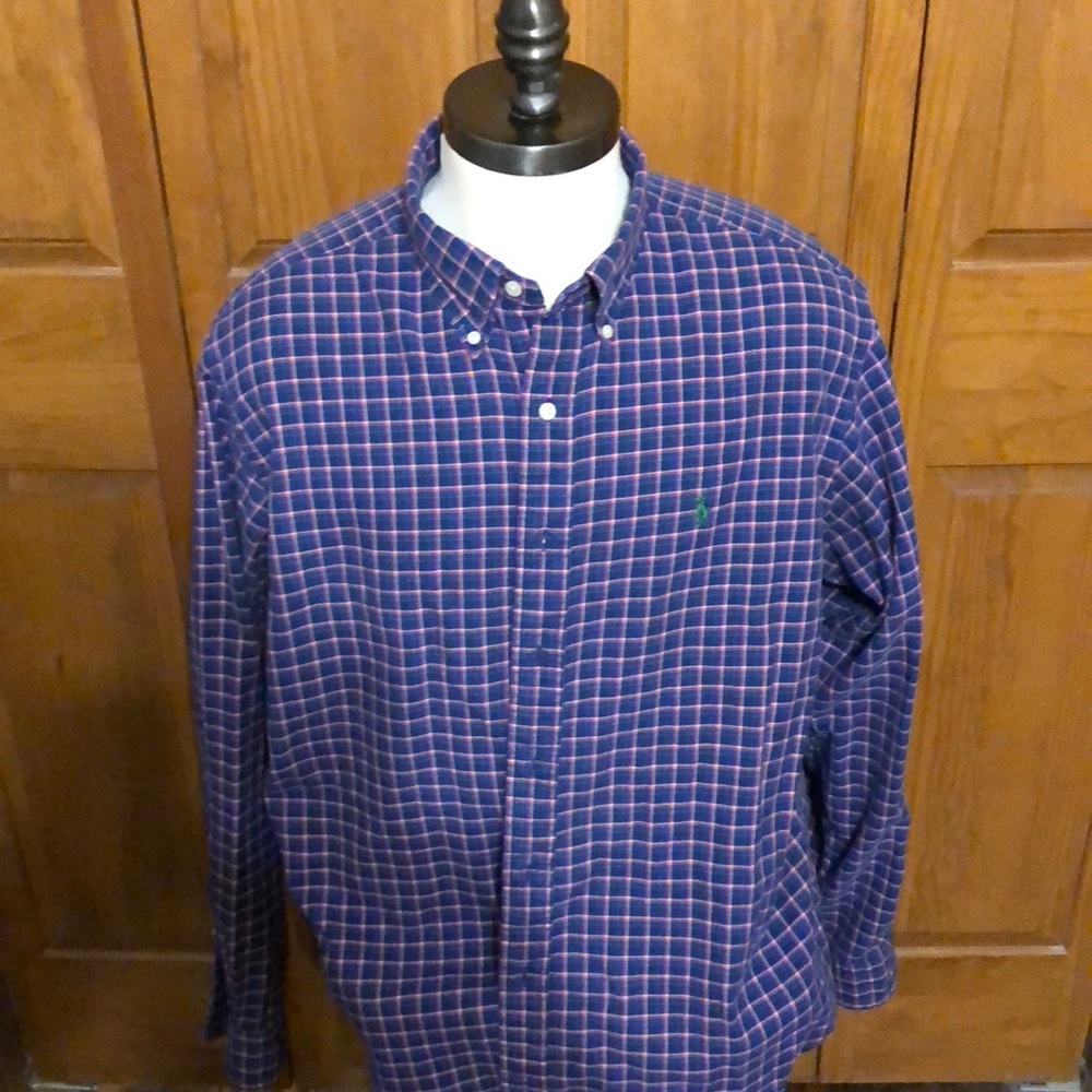 Blue plaid long sleeve polo